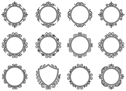 Collection of ornamental round frames and one shield border with floral elements line art.