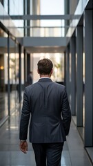 Fototapeta premium Businessman walking through a modern corporate office hallway towards a bright future opportunity