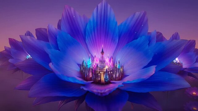 Mystical fantasy landscape of glowing blue lotus flowers with a magical castle nestled within the petals at twilight ethereal mist and a soft purple sky cinematic