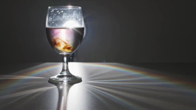 A single wine glass filled with iridescent liquid projects a vibrant rainbow of light caustics onto a reflective surface.