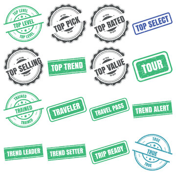 Top Level, Top Pick, Top Rated, Top Select, Top Selling, Top Trend, Top Value, Tour, Trained, Traveler, Travel Pass, Trend Alert, Trend Leader, Trend Setter, Trip Ready and True Vintage Grunge Rubber 