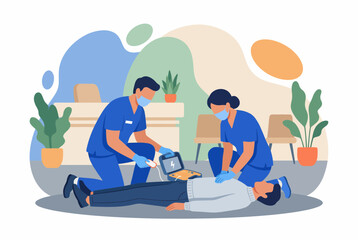 Fototapeta premium Emergency medical team performing CPR and using AED on patient