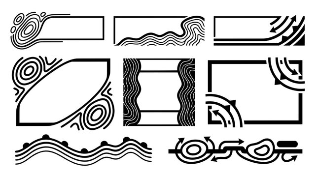 Black vector collection of isobar weather map stream frames, topographic lower thirds, and contour arrow banners for gaming and modern UI web design