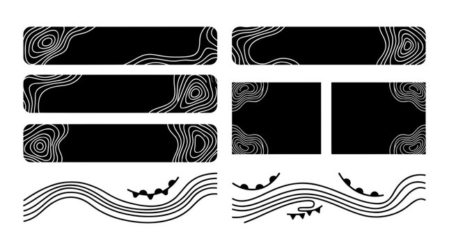 Solid black topographic banners, UI panels, and lower thirds with white contour lines and isobar weather map vector ornaments for stream overlay design