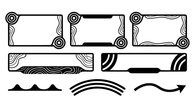 Black vector collection of isobar stream overlays, topographic UI frames, wavy text banners, lower thirds, and linear graphic ornaments for design