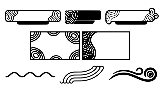 Collection of black abstract topographic contour frames, isobar swirl stream overlay banners, and lower thirds vectors for modern gaming UI design