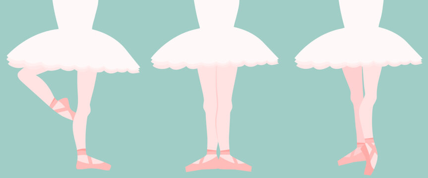 Vector illustration a set of 3 poses of a ballerina's feet in a tutu.
