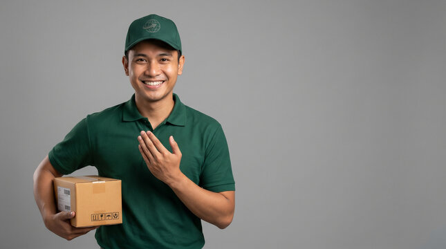 Friendly Southeast Asian male courier holding delivery box under arm and making polite greeting gesture on grey background.