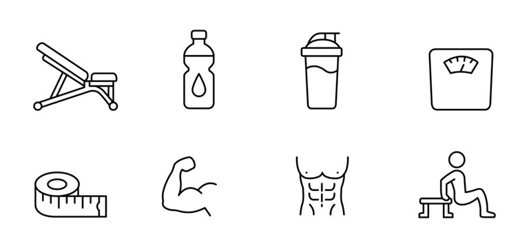 Fitness icon gym workout training health nutrition equipment minimal line set with bench bottle shaker scale tape muscle abs exercise pose for wellness sport and diet