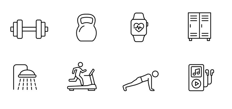 Fitness gym exercise workout sport health icon line equipment training set of fitness and gym line icon with dumbbell kettlebell smartwatch locker shower treadmill push up and music player