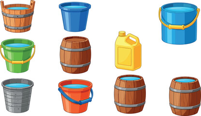 Cartoon Water Container Set with Wooden Barrels, Plastic Buckets and Jerry Can for Storage, Farm and Household Designs © Rtazmina