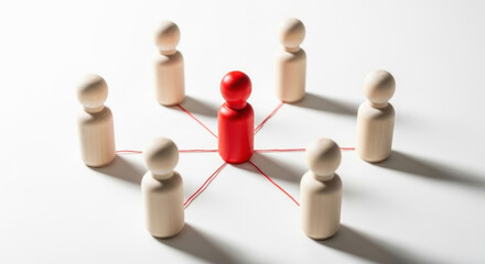 Obraz premium Leadership Teamwork Connection Wooden Peg Dolls Representing Hierarchy And Strategy Top View Group Circle Success Leadership Partnership