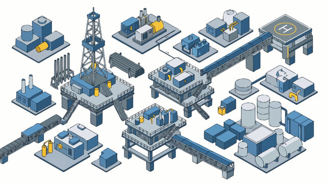 Offshore Oil Rig and Platform Industrial Complex Isometric Illustration.