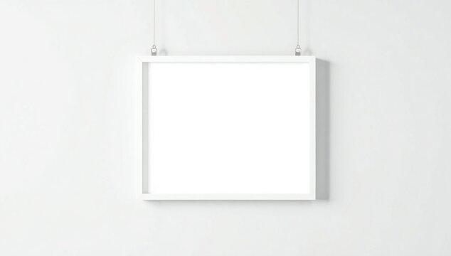 Minimalist white frame hanging on a plain white wall with two hooks