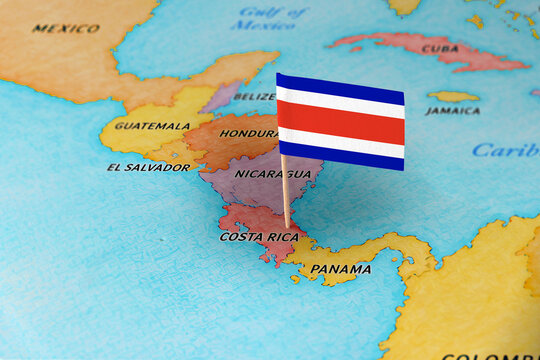 Costa Rica flag pin marking Costa Rica on Central America map, travel destination concept