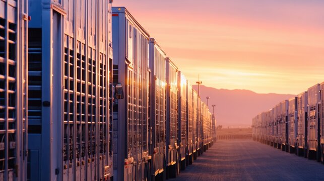 A row of gleaming trucks lined up at dusk, reflecting the sunset's warm hues on their surfaces