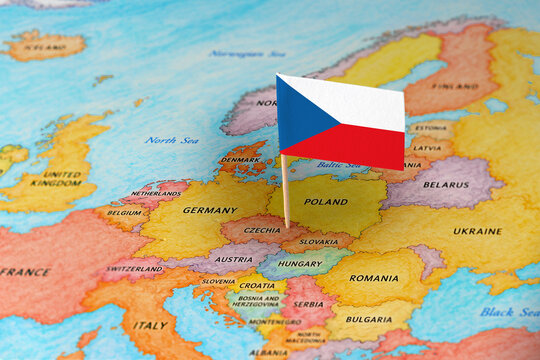 Czech Republic flag pin marking Czech Republic on Europe map, travel concept