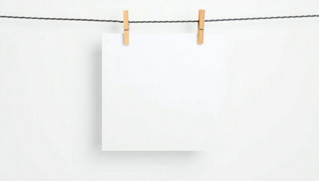 A blank sheet of paper hanging on a clothesline with wooden clothespins