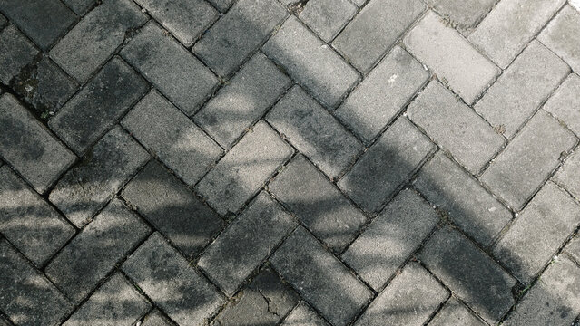 Grey rectangular paving blocks with natural leaf shadows texture background, creating a rustic textured background for walkway