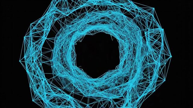 A glowing blue digital wireframe structure floats against a dark black background