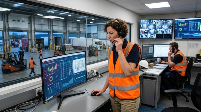 A woman in a high-visibility vest standing in a control room with multiple computer monitors and a phone call.