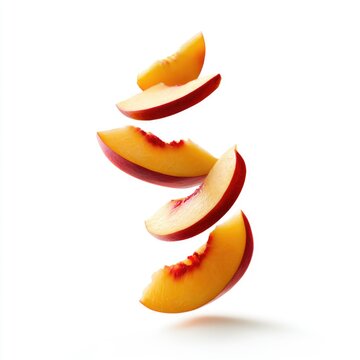 Four peach slices are suspended in midair against a white background, highlighting their juicy texture and vibrant colors.