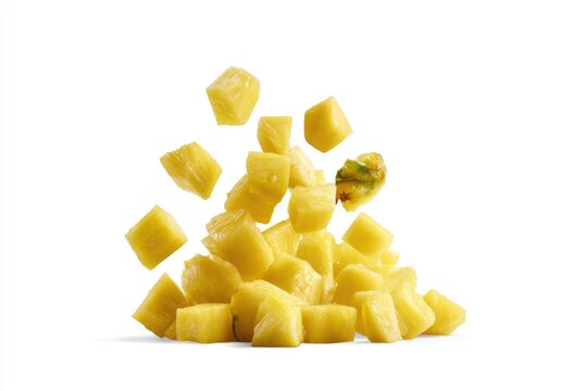 Fresh, juicy pineapple chunks are stacked and some pieces appear to be falling against a clean white background.
