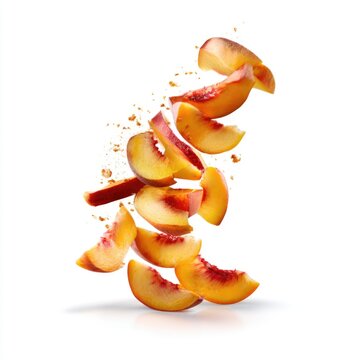 Sliced peach pieces dynamically arranged mid-air with juice droplets against a clean white background.