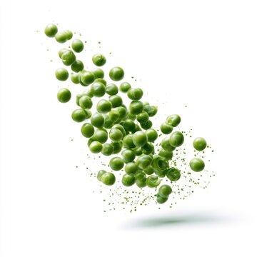 Fresh green peas are shown mid-air with small bits flying off, creating a dynamic and vibrant image on a white background.