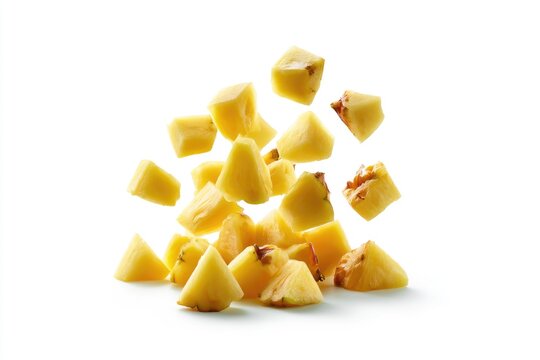 Fresh pineapple chunks arranged and falling against a white background, showcasing the juicy yellow fruit pieces.