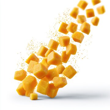 Frozen mango cubes appear to be mid-air, with ice crystals scattering against a white background.