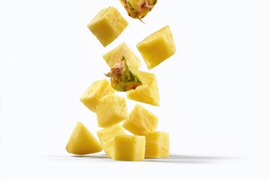 Fresh pineapple chunks and a few pieces with skin and crown appear to be falling against a white background.