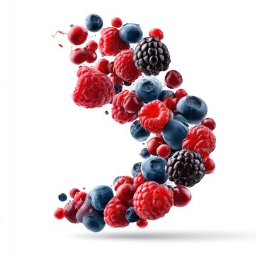 A vibrant assortment of fresh berries, including raspberries, blackberries, blueberries, and red currants, floating in mid-air against a white background.
