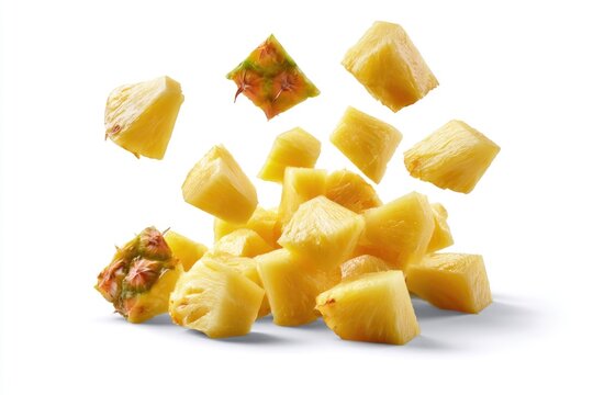 Fresh, juicy pineapple chunks floating against a white background, showcasing vibrant yellow flesh with some pieces including textured skins.