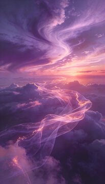 Ethereal purple sunset sky with glowing golden path winding through clouds in fantasy landscape