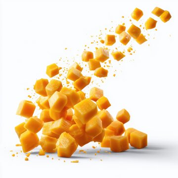 Cubes of bright orange cheese appear to be bursting or floating against a clean white background.