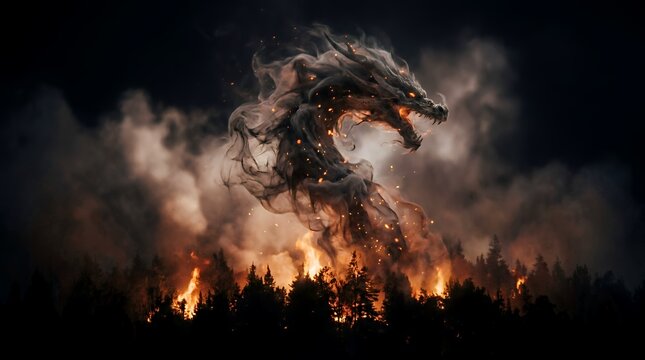 Dramatic dragon amidst forest fire flames.