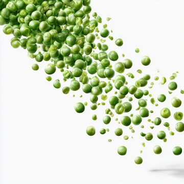 Fresh green peas scattered dynamically on a white background, showcasing their vibrant color and natural texture.