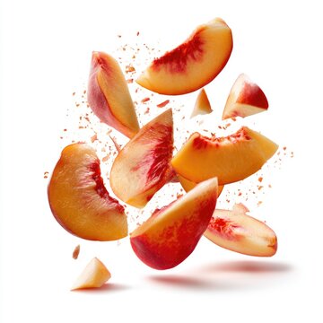 Juicy peach slices are shown mid-air against a white background with some crumbs, highlighting their fresh and vibrant texture.