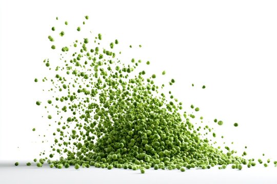 A dynamic pile of fresh green peas is scattered and falling against a white background, highlighting their vibrant color and texture.