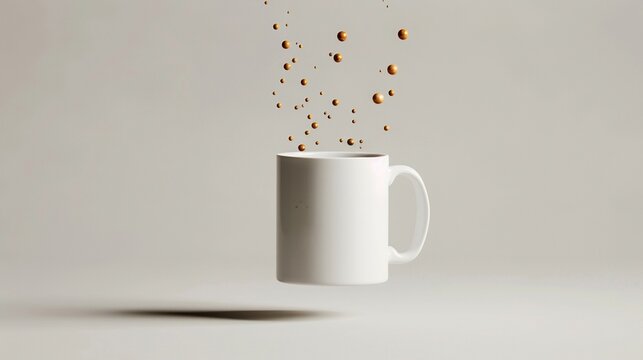 Upside down floating coffee mug with gravity defying droplets
