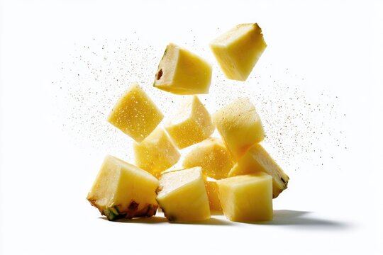 Cubes of fresh pineapple are shown mid-air with a sprinkle of black pepper on a bright white background.