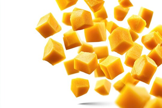 Cubes of fresh mango appear to be floating against a white background, showcasing their vibrant orange-yellow color and juicy texture.