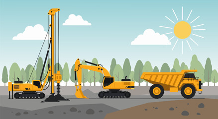 Construction Site Heavy Machinery Vector Illustration Featuring Industrial Drilling Rig Excavator and Dump Truck for Mining Work © Purnomo Semlirick