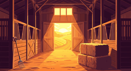 Fototapeta premium Countryside Farm Stable Interior Morning View Vector Illustration Featuring Golden Sunlight Streaming Through Open Barn Doors Over Rolling Agricultural Fields