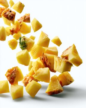 Fresh pineapple chunks and pieces suspended in mid-air against a white background.