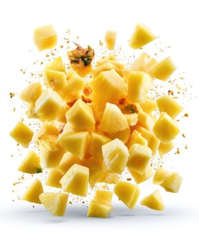 Fresh, juicy pineapple chunks suspended in mid-air against a white background, showcasing vibrant yellow color and texture.