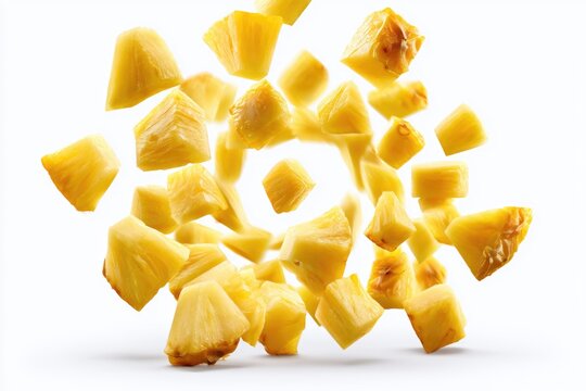 Fresh pineapple chunks floating against a white background, showcasing vibrant yellow fruit pieces.