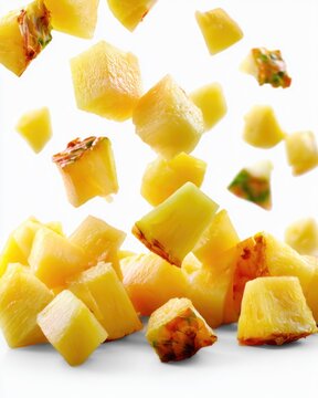 Fresh, juicy pineapple chunks fall mid-air against a white background, showcasing vibrant yellow color and textured rind pieces.