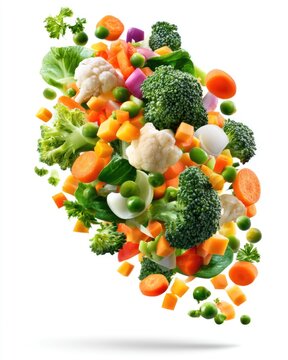 Fresh vegetables including broccoli, cauliflower, carrots, peas, and leafy greens appear to be floating or tossed in mid-air on a white background.